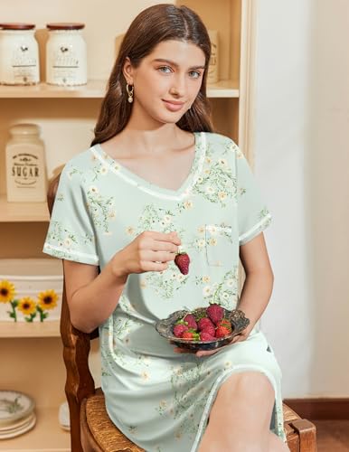 Image of Ekouaer Nightgowns for Women Short Sleeve Sleep Shirts V Neck Nightshirts Soft Sleepshirt Caual T Shirt Sleepdress