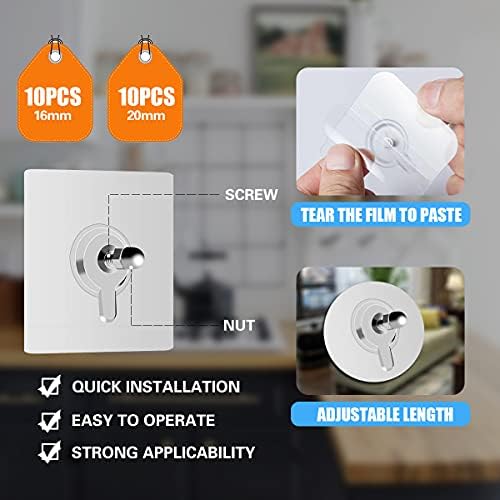 20 pcs Self Adhesive Hanging Nails, Detachable Self Adhesive Screw Hooks, Mounted Picture Frame Hanging ,SeamlessTransparent No NailsDrill Waterproof Hooks for Bathroom Kitchen,(max 7kg)