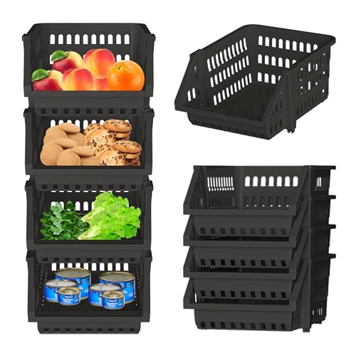 Skywin TidyFriend Small Plastic Stackable Storage Bins for Pantry,4 Pack Open Front Storage Bins, Toy Organizers, Kitchen, Bathroom Essentials (Black)