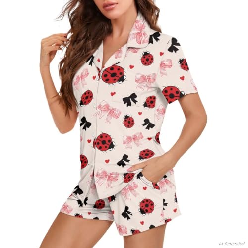 Image of Renewold Women's Short Sleeve Pajama Set Button Down Sleepwear with Notch Collar Soft Lounge Top and Shorts with Pockets
