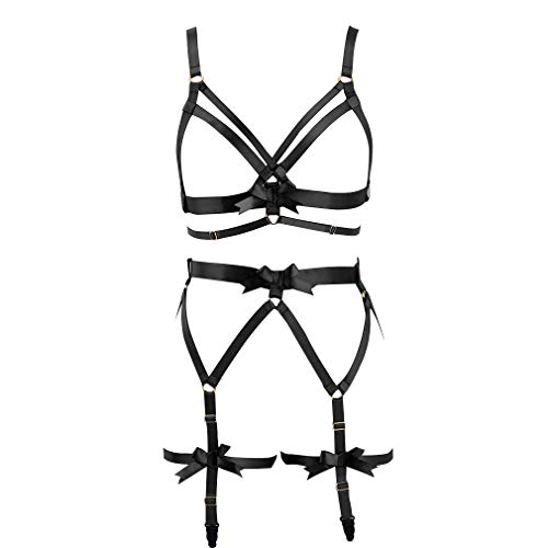 Body Harness Full For Women Garter Belts Set Strappy Lingerie Punk Gothic Elastic Adjust Bodysuit Party Dancing Action Art Wear (Black 656+202) #TOP28