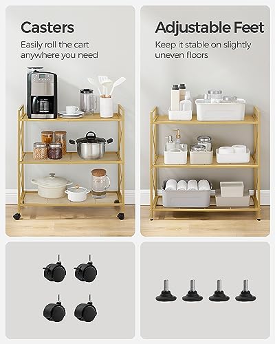 Image of SONGMICS 3-Tier Metal Storage Rack with Wheels, Mesh Shelving Unit with X Side Frames, 31.5-Inch Width, for Entryway, Kitchen, Living Room, Bathroom, Industrial Style, Metallic Gold UBSC183A01