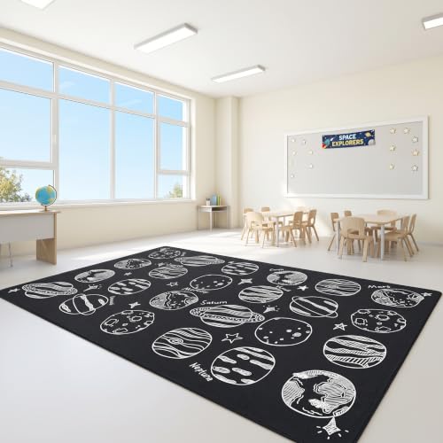 Image of Booooom Jackson Large Classroom Rug for 24 Students - Abstract Planet Black & White Space Theme Carpet, 7'6 inchx13'1 inch Fade-Resistant Nylon Seating Rug for Preschool, Kindergarten, Elementary