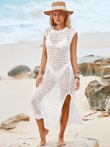 Saodimallsu Womens Crochet Swimsuit Coverup Summer Sleeveless Hollow Out Knit Crewneck Side Split Long Beach Dress2