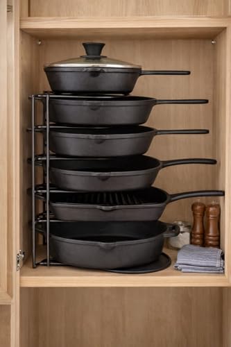 Image of Pan Organizer, Extra Large 5 Tier Shelf - Holds Cast Iron Skillets, Dutch Oven, Griddles Durable Space Saving Kitchen Storage No Assembly Required Black 15.4 Inch, Countertop, Tiered