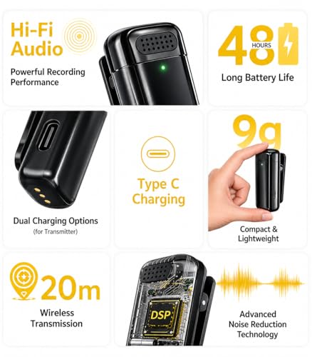 Image of 2-in-1 Wireless Lavalier Microphone with Magnetic Clip, 40M Range, Noise Reduction Mic for YouTube, Vlogging, Reels, Interviews, DSLR, Android (K6)