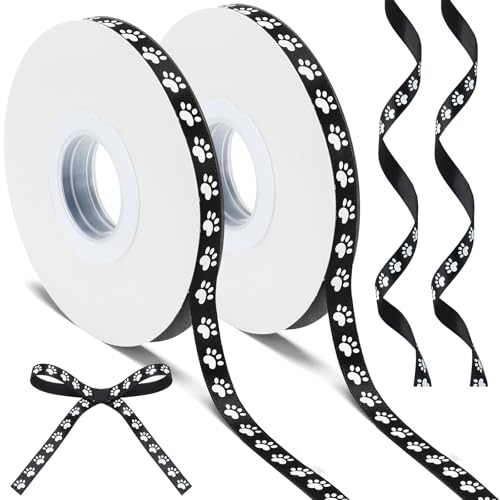WILLBOND 3/8 Inch By 50 Yard 2 Rolls Paw Print Ribbon Dog Cat Paw Holiday Party Stain Ribbon Rolls for Vet Tech Baby Shower Birthday Ornaments Gift Wrapping Pet Lover DIY Decoration(Black)