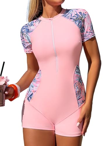 Image of ZAFUL Women's Short Sleeves Rash Guard Boyleg One Piece Swimsuit Zipper Surfing Bathing Suit UPF 50+