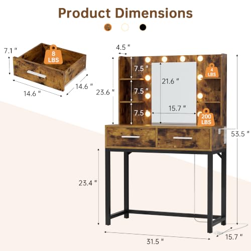 Image of YESHOMY 31.5'' Small Vanity Desk with LED Mirror and Lights, Rustic Brown