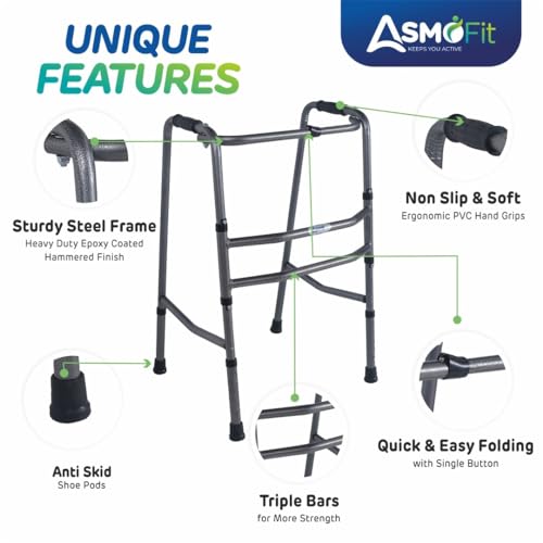 Image of Asmofit Height Adjustable Walker Heavyduty and Portable - Ideal for Old age people Senior Citizens Disabled Persons Post Surgery Injury Recovery Support Elderly Men & Women (Color :- Silver)