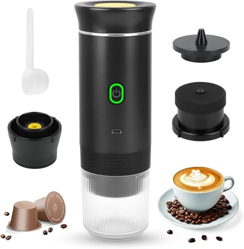 Genérico Cafetera Portátil Cápsulas 3 en 1 – Compatible con Cápsulas Pequeñas y Grandes + Café Molido – Autocalentamiento Rápido – Ideal Viajes, Oficina y Camper. (Negro)