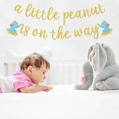A Little Peanut Is On The Way Glitter Banner, It's A Boy Baby Shower Gender Reveal Elephant Theme Kids Boys Birthday Party Cake Decorations Supplies Gold #TOP4