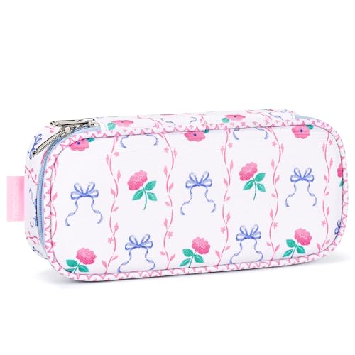 Image of mibasies Girls Pencil Case for Kids, Multi-Slot Pencil Pouch, Bowknot Rose Sky Blue