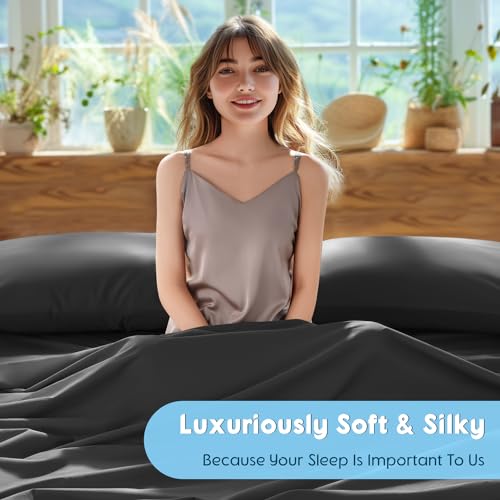 Image of SONORO KATE 1000 Series 100% Egyptian Cotton Cal King Sheet Set,4 Pieces | Soft,Breathable Long Staple,Sateen Weave,Luxury 5-Star Hotel Bed Sheets,16 inch Deep Pocket,Black