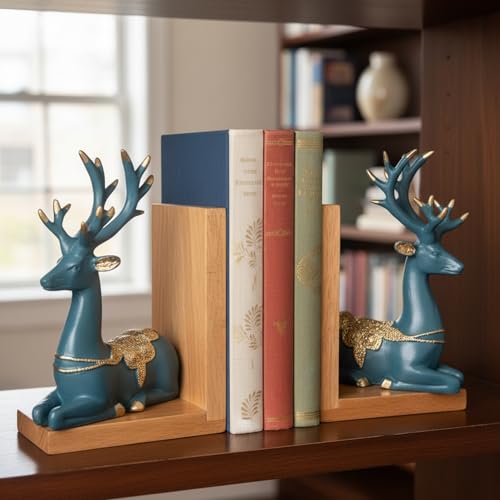 Image of eCraftIndia Wooden Book End with Resin Reindeer Sculptures Showpiece for Home Decor Office Table | Gift for Housewarming Birthday