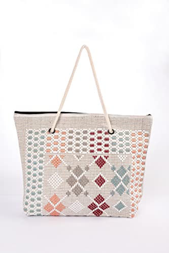 Large summer Beach Tote Bag Boho Zipper Closure Bohemian, Rope Handles Shoulder Loomed Beach Bag for Women Gym Yoga - Image 2