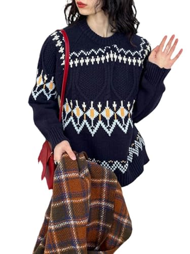 Winter Christmas Holiday Sweater Round Neck Gentle Age-Reducing Fashion Knitted Top - Navy Blue - One Size