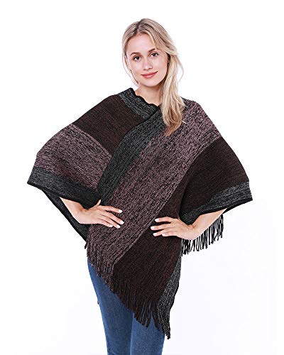 Image of Women's Elegant Knitted Shawl Poncho with Fringed V-Neck Striped Sweater Pullover Cape Gifts for Women Mom