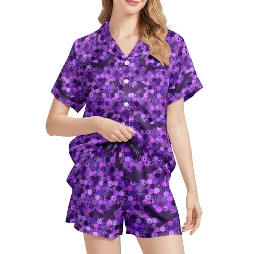 Image of Funny Pajamas for Women Set Print Satin Loungewear Pjs Short Sleeve Button Down Top and Shorts Sets Sleepwear XS-3XL