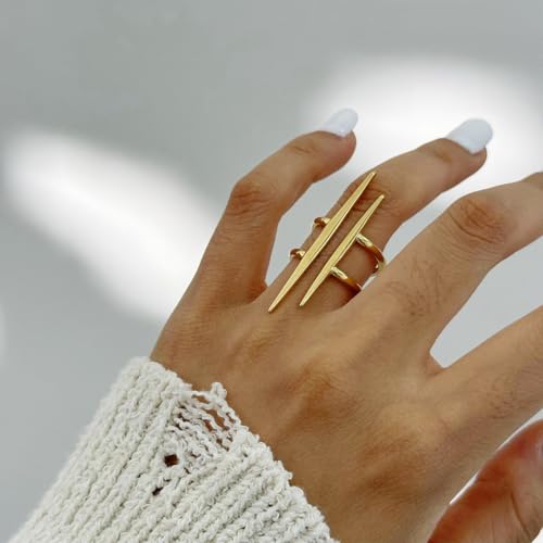 Fashion Bar Open Wrap Statement Ring for Women Gold Plated Minimalist Layered Wide Adjustable Finger Rings Comfort Fit Dainty Stainless Steel Jewelry Gift for Holiday Wedding2