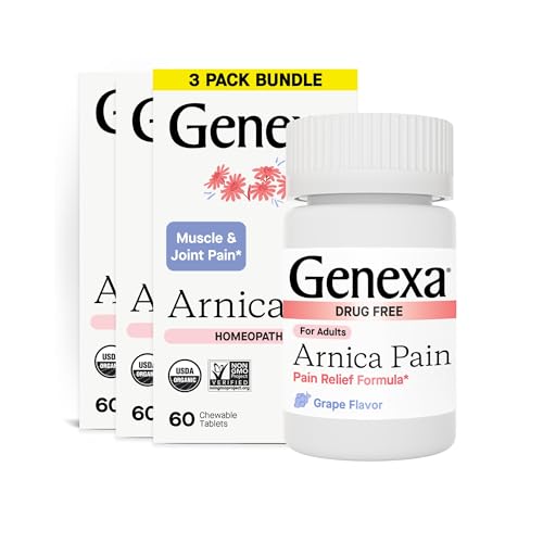 Genexa Arnica Tablets for Pain Relief Formula | Alleviate Muscle & Joint Pain, Soreness, & Stiffness | Delicious Organic Grape Flavor | Homeopathic Remedy Made Clean | 300 Chewable Tablets (3 Pack)