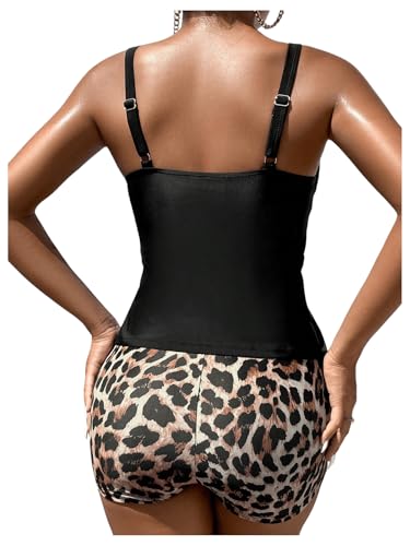SweatyRocks Women's Leopard Print 2 Piece Tankini Set Ruffle Hem Push Up Bikini Ruched Swimwear Bathing Suit2