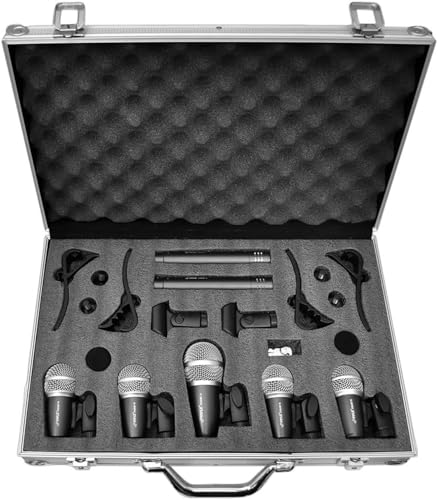 Pyle 7-Piece Wired Dynamic Kit-Kick Bass, Tom/Snare & Cymbals Microphone Set-for Drums, Vocal, & Other Instrument-Complete with Thread Clip, Inserts, Mics Holder & Case, Black