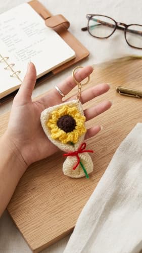 Image of Handmade Crochet Sunflower Keychain for Women & Girls, Cute Yellow Flower Key Ring Charm, Soft Yarn Knitted Gift, Bag Charm, Car Key Holder, Aesthetic Handmade Floral Accessory