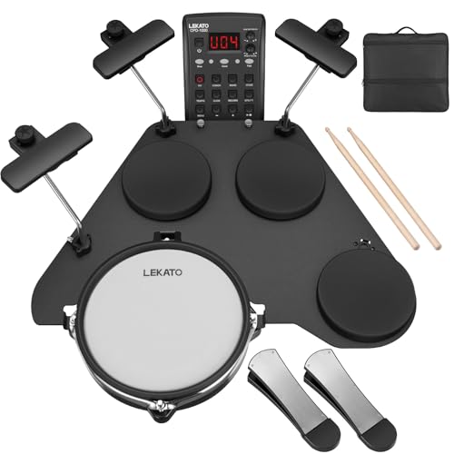 LEKATO Batería electrónica con almohadillas de malla silenciosas, kit de batería eléctrica portátil CPD-1000, más de 20 sonidos, USB MIDI, 2 pedales mejorados, palos, bolsa de viaje