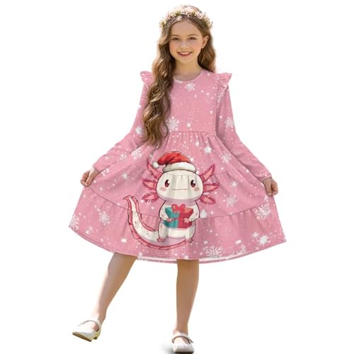 Girls Winter Dress Ruffled Sleeve Fancy Crewneck Dresses Long Sleeve Midi Dress for Toddler 3-14T