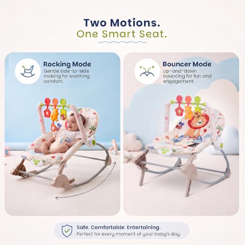 Image of Baybee 2 in 1 Baby Rocker & Bouncer, 3-Position Recline, Soothing Music, Removable Hanging Toys, Soft Cushioned Seat & Safety Harness, Rocking Chair for Newborn 0-3 Years (Beige)