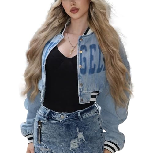 Mandonce Denim Jacket for Women Cropped Jacket Striped Elastic