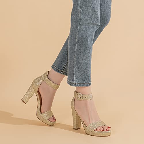 Amoji Women's Chunky Platform Dressy Heeled Sandals Prom Shoes Thick Hight Wedding Heels 301F4 Gold Size 10 — view 2