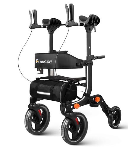 Lightweight Upright Rollator Walker All-Terrain Foldable with seat and Adjustable Height backrest, 300 lbs Capacity, 10" Front & 8" Rear Wheels for Seniors, Adults, bariatric, Includes Cane Holders