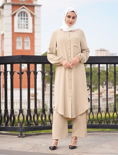 Image of IDOPIP Abaya Dress for Women Muslim Set Long Sleeve Chiffon Islamic Dress Shirt with Pants 2PCS Dubai Prayer Casual Clothes