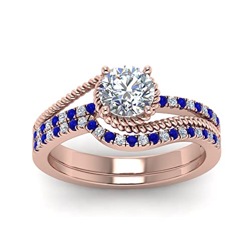 Image of Choose Your Gemstone Rope Split Shank Wedding Ring Set Rose Gold Plated Round Shape Wedding Ring Sets Everyday Jewelry Wedding Jewelry Handmade Gifts for Wife US Size 4 to 12
