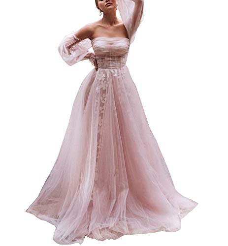 GMAR Prom Dresses Long Ball Gown Strapless Tulle Appliques Blush Dress Puff Sleeve, Blush, 6