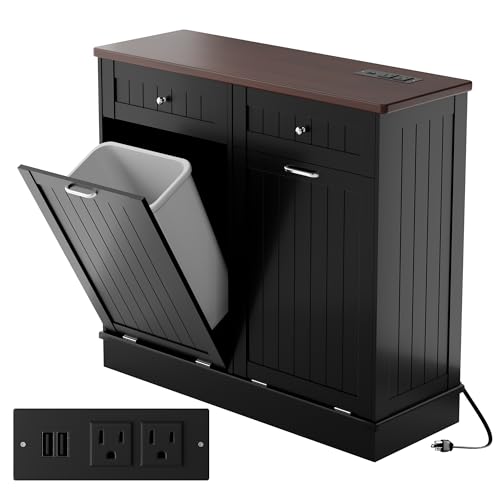 Betterhood Double Tilt Out Trash Cabinet with Power Outlet, 10 Gallon Trash Cabinet with Storage,Pet Proof Trash Can with 2 AC & USB Sockets for Kitchen,Living Room (Black)