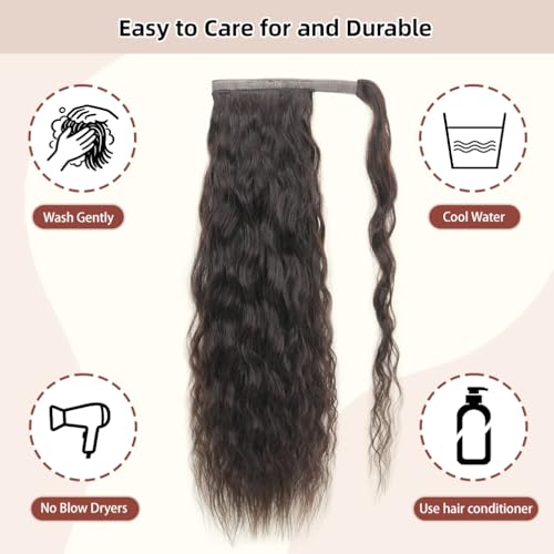 Ponytail Extension Human Hair Wrap Around - 100G 14Inch Dark Brown, Magic Paste Elastic Corn Wave Soft Brazilian Virgin Human Hair Ponytail for Black Women — view 6
