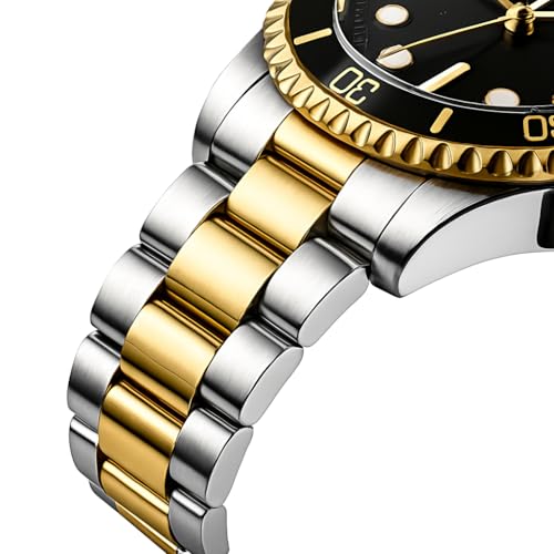 Watches For Men Quartz Stainless Steel: Dress Watch For Mens Wrist Luxury Gold And Silver Metal Two Tone Black Dial Big Analog Classic Diver Waterproof Chronograph Green Face Business Man Gift3