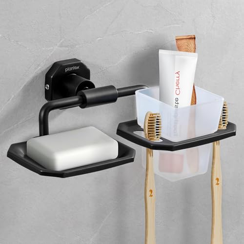 Image of Plantex 304 Grade Stainless Steel 2in1 Soap Dish with Tumbler Holder /Soap Stand /ABS Materail Tooth Brush Holder /Bathroom Accessories - Nipron (Black)