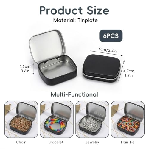 Image of HASTHIP 6 pcs Tin Boxes - Rectangular Metal Hinged Mini Portable Small Storage Container for Crafts, Candies, Spices, Travel & DIY 2.36x1.85x0.59 Inch, Black