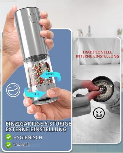 CIRCLE JOY Wiederaufladbares Elektrisches Salz und Pfeffermühlen Set aus Edelstahl mit Sockel mit 95ml Transparenter Behälter… – Ansicht 2