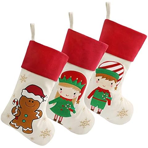BSTAOFY Lovely Christmas Stockings Set of 3Character 3D Plush Linen Hanging Tag Knit Border Cover