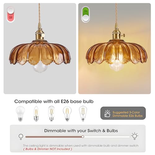 Beser·Win Plug in Pendant Light, Hanging Lights with Plug in Cord, Hanging Light Fixture with Amber Color Glass, E26 Pendant Lighting for Kitchen Island, Bedroom, Dining Room-Browm by Beser·Win - Image 3