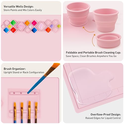 Image of FINFINLIFE XL Silicone Paint Mat for Kid, 24 inchx16 inch Painting Station for Gift, Silicone Art Mat for Crafts with Paint Brush Cleaner Tray Palettes, Painting Brushes Mini Canvas Easel (Pink)