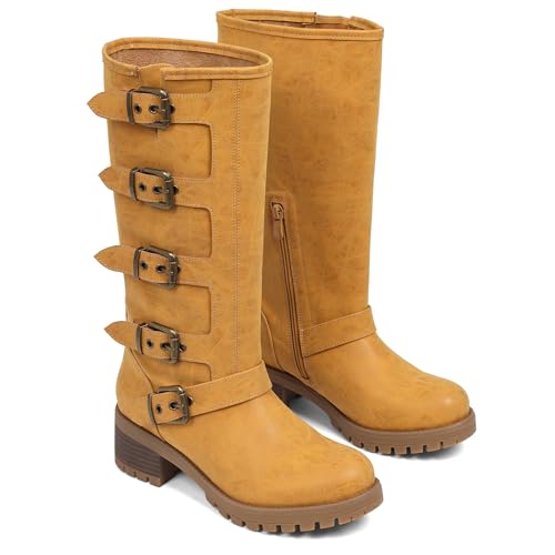 Image of AMINUGAL Knee High Boots Women Square Toe Pull On Wide Calf Riding Fashion Buckles Chunky Metallic Casual Vintage Buckle Rivet