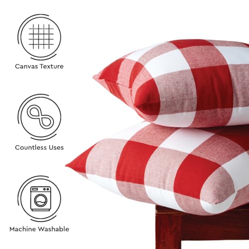 Image of Encasa XO Farmhouse Throw Pillow Covers Set of 2 (18x18 in) Buffalo Red Checks | Decorative Cushion Covers No Inserts | Plaid and Stripes Pillow Covers for Living Room, Couch
