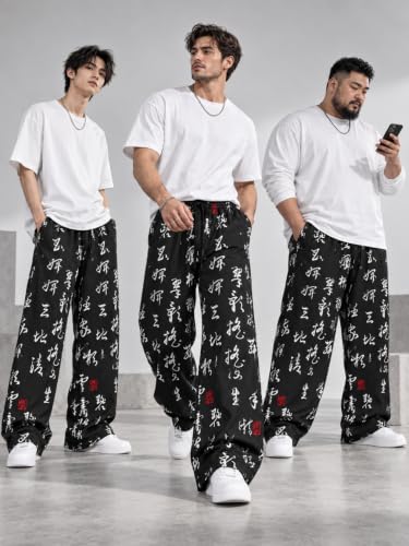 Image of Mens Boho Hippie Harem Pants | Black Printed Wide-Leg Trousers | Koren Streetwear Loose Baggy Fit Summer Lounge Yoga Lowers |Trouser Relaxed Fit for Men | Men Drawstring Pants