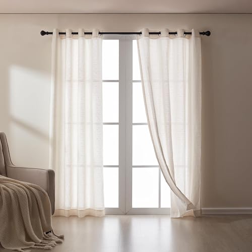 SLEEP ZONE Beige Linen Blend Sheer Curtains, Geometry Jacquard Light Filtering Drapes, 2 Panels 52×95 in, Grommet Rod Pocket for Bedroom Living Room Farmhouse